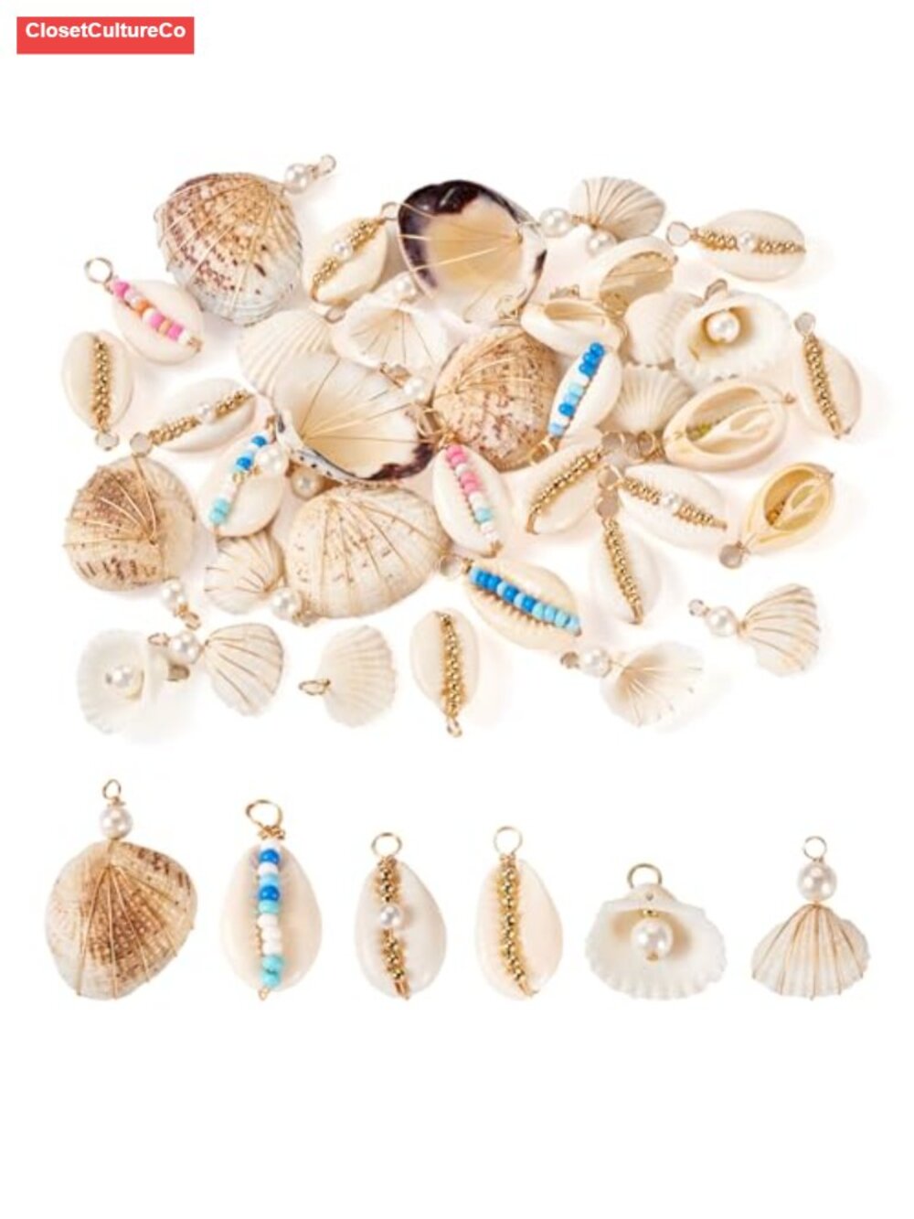 36 Pc Natural Sea Shell Charms Brass Beads Jewelry Making DIY Craft
